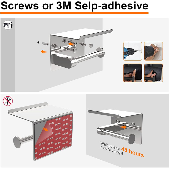 Тримач туалетного паперу Ibergrif з 2 способами монтажу, без свердління, з полицею, нержавіюча сталь, сріблястий