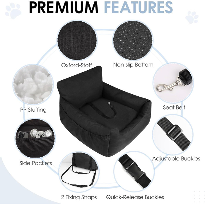 Автомобільний лежак для собак, автокрісло для собак, лежак для маленьких собак, кошик для собак у машину з знімним, пральним подушкою та 2 відділеннями для зберігання (Чорний, 54x52x35 см)