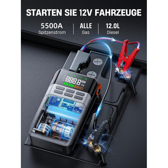 Powerbank для автомобіля з компресором 150PSI ANFLAG 5500A, стартер для бензинових та дизельних двигунів (12.0L), LCD дисплей, LED ліхтарик, подвійний USB, сірий