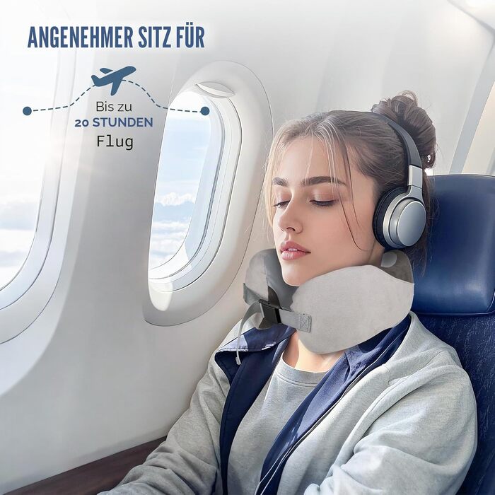 Подушка для подорожей Euqvunn з ефектом пам'яті (Memory Foam), ергономічна подушка для шиї в літак з охолоджуючим льодяним шовком та сумкою для зберігання, сіра