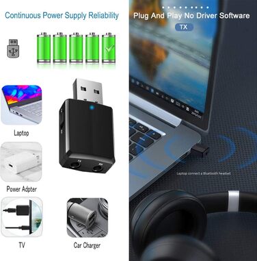 Isobel Bluetooth Передавач/Приймач 2-в-1: Адаптер Bluetooth 5.0 з низькою затримкою для TV/PC/Laptop. Підтримка Optical, Toslink, RCA, 3.5mm AUX. Dual Link (USB)
