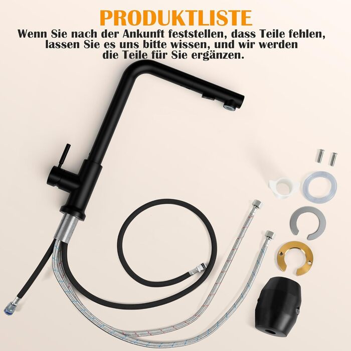 Змішувач кухонний водяний чорний, висувний з душем, 360° поворотний, 2 режими розпилення, для кухні, нержавіюча сталь