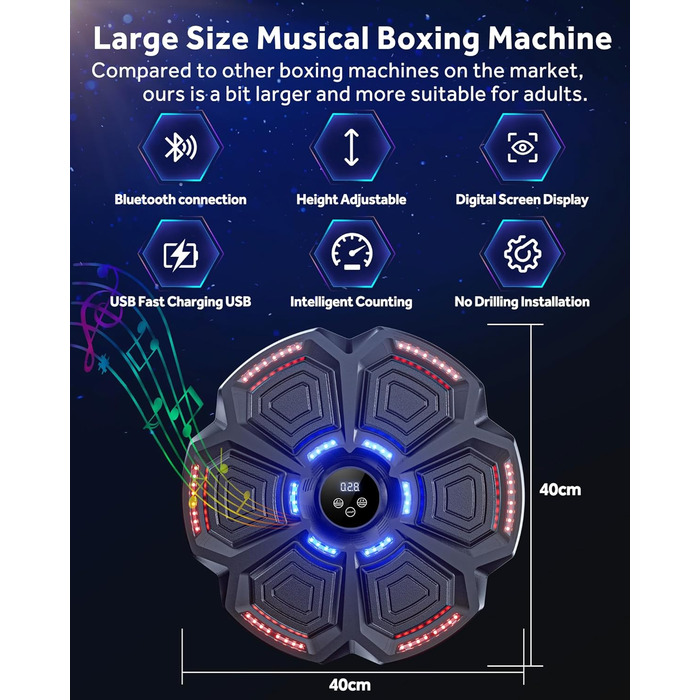 Music Boxing Machine for Adults & Kids - LED Light Electronic Punching Bag with Bluetooth Speaker & 9 Speed Modes