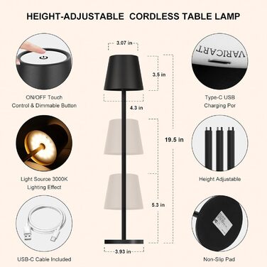 Світлодіодна настільна лампа бездротова з сенсорним керуванням, USB-C, димування, акумуляторна, 3 режими температури, регульована висота, IP54 водонепроникна для ресторану, спальні, бару, вулиці - Чорна