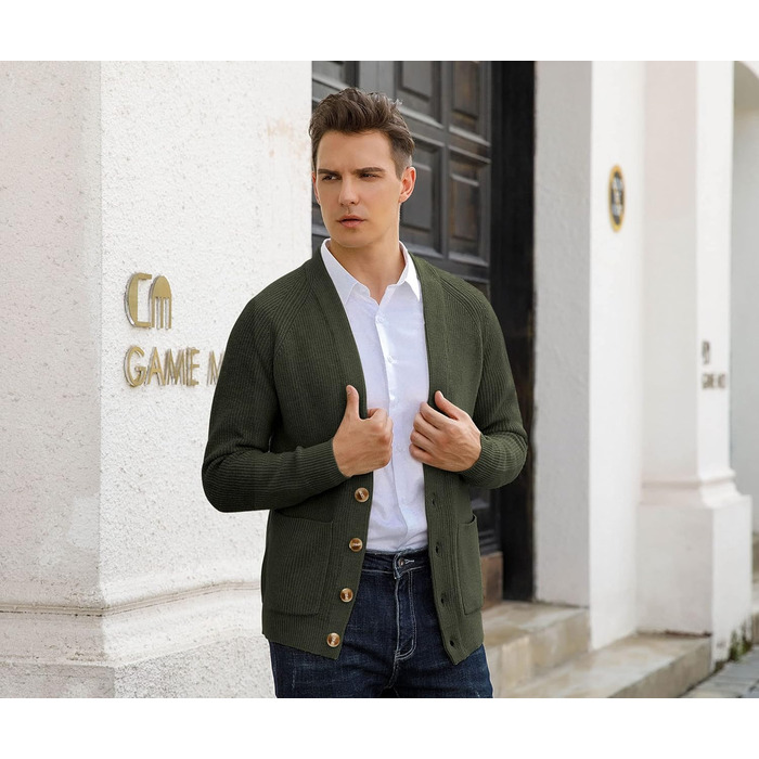 Чоловічий в'язаний кардиган Sailwind з V-подібним вирізом, зимова куртка, класичний дизайн, довгий рукав, з ґудзиками та кишенями (оливковий, M)