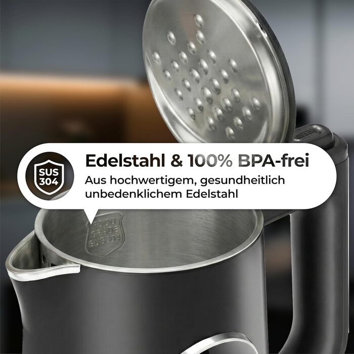 Електричний чайник Aeco AQA NEO з нержавіючої сталі, 1.7 л, 2150 Вт, без BPA, фільтр від накипу, бездротовий, CoolTouch, шампань срібло (Aqa Elite (чорний матовий))