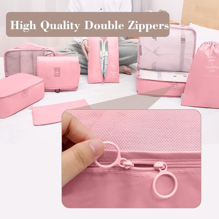 Органайзер для валізи - Набір 8 штук Packing Cubes для подорожей, система організації валізи, набір кубиків для пакування (Рожевий)