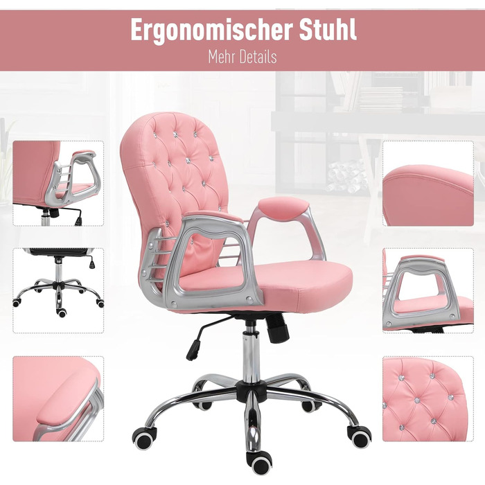 Крісло Vinsetto для дому та офісу: регульоване, обертове, рожеве, з штучної шкіри (до 120 кг)