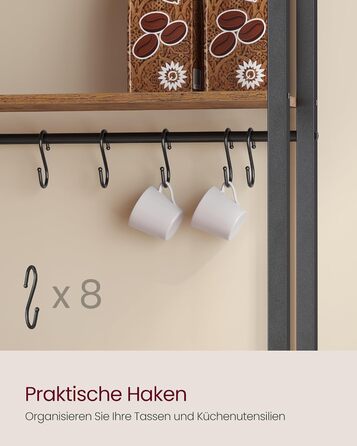 Полиця кухонна VASAGLE з розетками, кухонна шафа, робоча поверхня 90 см, стелаж з 8 гачками, 40 x 60 x 170 см, вінтажний коричневий + чорний, KKS058K02