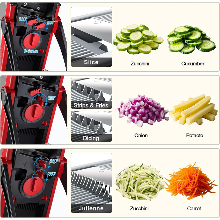 Мандоліна слайсер ONCE FOR ALL Upgrade Safe: великий, регульований подрібнювач овочів та продуктів, для нарізки картоплі фрі, знімні леза (червоний/чорний)