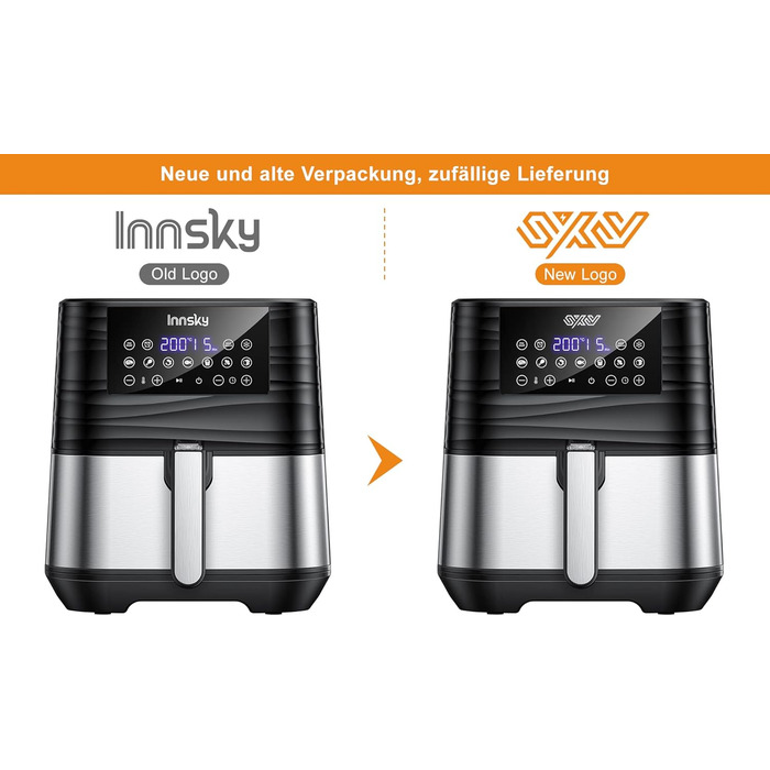 Аерофритюрниця Innsky 5,5 л XXL, 1700 Вт, цифровий LED-екран, 7 програм, функції розігріву, підтримки тепла, розморожування, без олії, з німецькою кулінарною книгою, срібляста