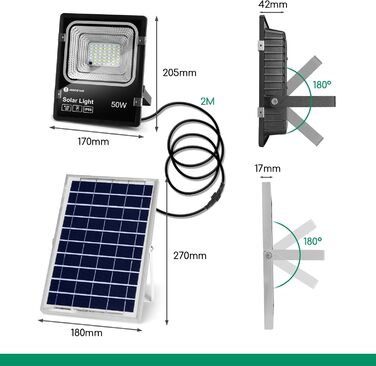 Aigostar 50W Solar Floodlight Outdoor, Super Bright LED Floodlight with Solar Panel, Cold White 6500K, IP66 Protection Rating Solar Spotlight Searchlight Outdoor Spotlight for Garden, Door, Yard, Garage, etc.