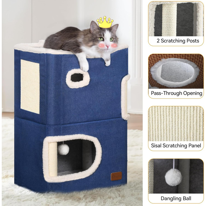 YITAHOME Cat House Indoor, Cat Bed for Indoor Cats, Cat Tunnel, Cat Cave, Small Scratching Post, Cat Furniture, Cat Bed Cave, cat caves, Cat Beds (Blue, Without Platform)