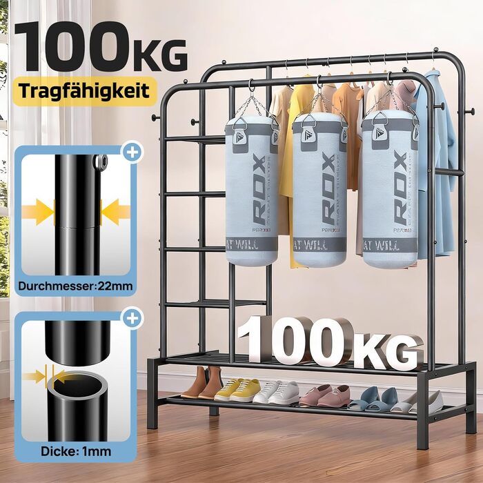 Вішалка для одягу в спальню та вітальню, подвійна, чорна - міцна конструкція 100 кг, з полицями для зберігання