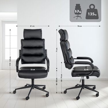 Офісне крісло CLP Campo з штучної шкіри, регульоване по висоті та поворотне, до 135 кг, з підлокітниками, чорний колір