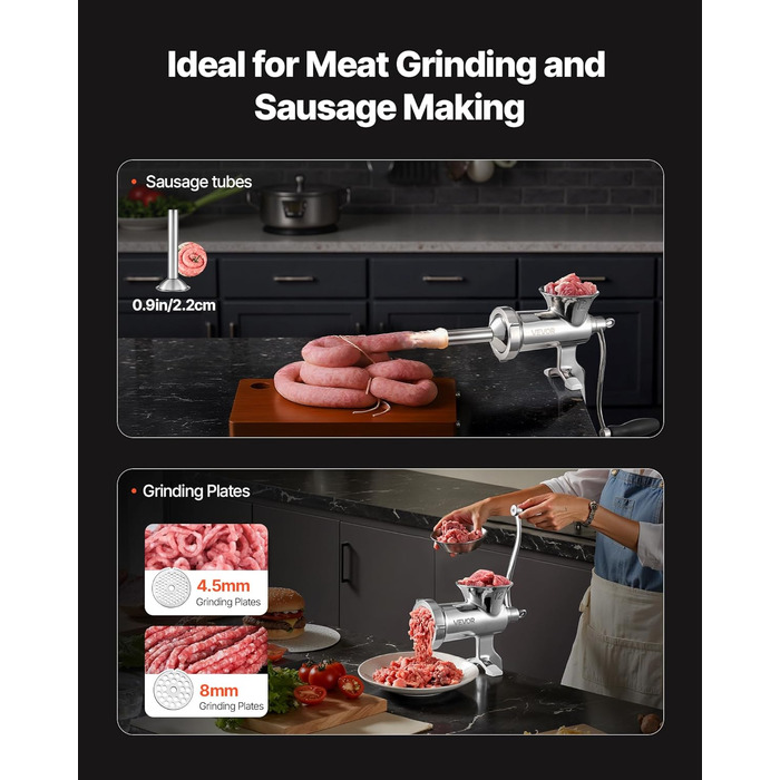 М'ясорубка ручна VEVOR з нержавіючої сталі, з присоскою та насадками для ковбас (38 см)