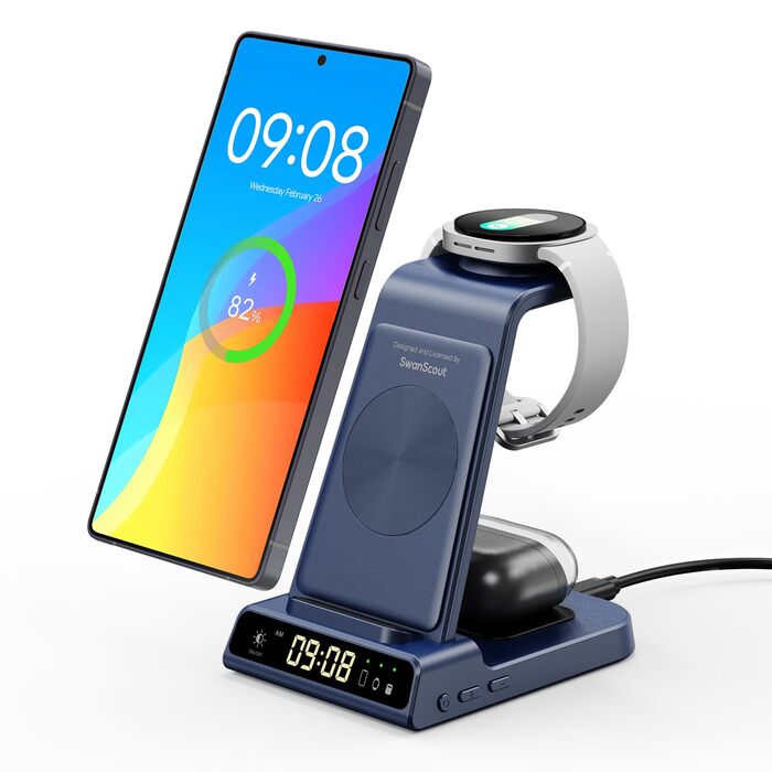 Бездротова зарядка 3-в-1 Samsung S26 Ultra/+/S26, Galaxy S25/S24/S23/Z Flip 7, Watch 8/8 Classic/7/Ultra/6/5, Buds4/4 Pro – Синій