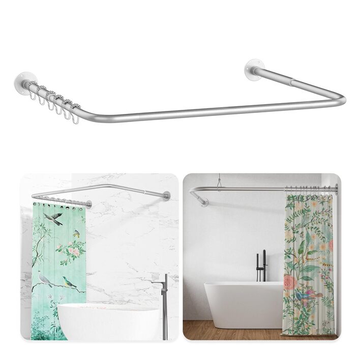Регульована душова штанга U-подібної/L-подібної форми, 60-92 x 78-196 x 60-92 см, з 12 кільцями для шторки та підпоркою для стелі, для ванни/ванної кімнати, срібна