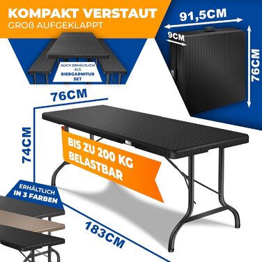 Складний обідній стіл KESSER® 183x76 см, ротанг, для кемпінгу, саду, тераси, балкона, 6 осіб, антрацит