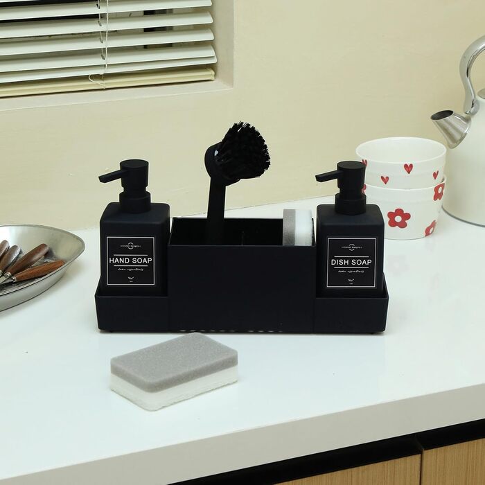 Dish Soap and Hand Soap Dispenser Kitchen Set with Sponge Holder and Brush, Dish Soap Dispenser Kitchen Black, Soap and Dish Soap Dispenser Set Kitchen Gadget Sink Organizer with Soap Dispenser (Black, 4 in 1)
