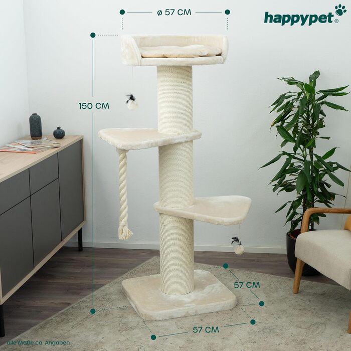 HAPPYPET Преміум Дряпка для котів 'Фредді' – 150 см, велика, для Мейн-куна, з сизалю, товсті стійки (кремовий)