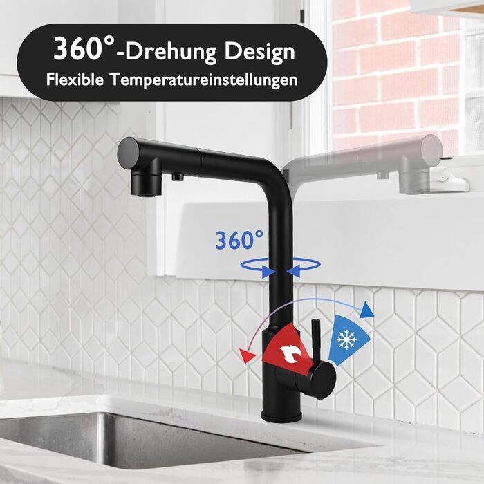 Кран кухонний висувний Cieex, 360° поворот, 4 режими, з душем, нержавіюча сталь, чорний