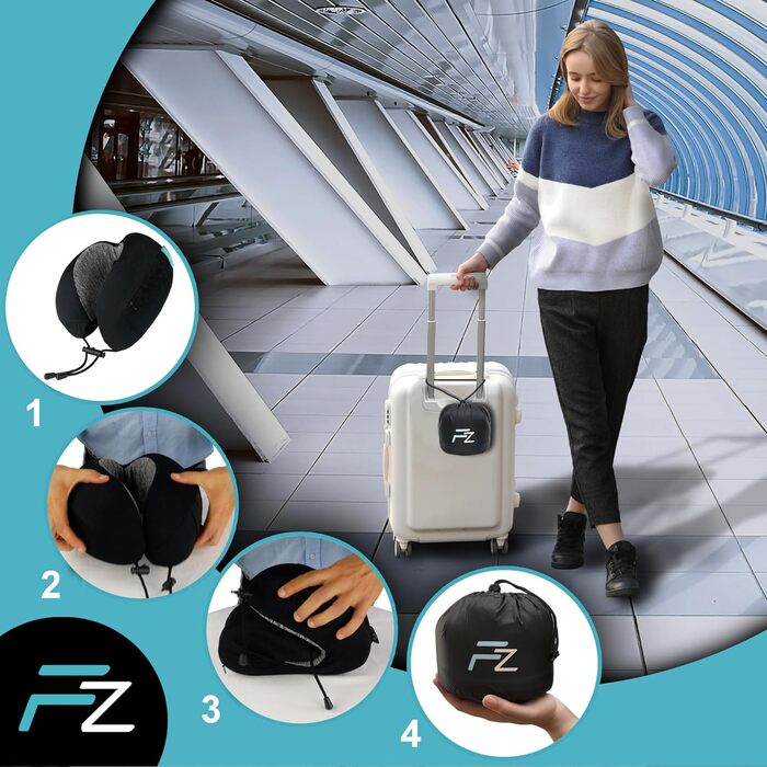 Подушка для шиї FlowZoom Dream Classic з регульованою підтримкою та знімним шнуром - подушка для подорожей у літак з піною Memory Foam - з чохлом та подарунковою упаковкою - Чорний