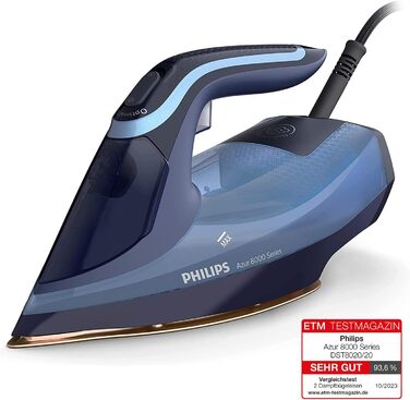 Philips Azur 8000 Series Steam Iron - 55 g/min continuous steam, 240 g steam boost, 3000 W, OptimalTEMP technology, SteamGlide Elite, Light Blue (DST8020/20) 240 g steam boost 55 g continuous steam Light Blue/Dark Blue