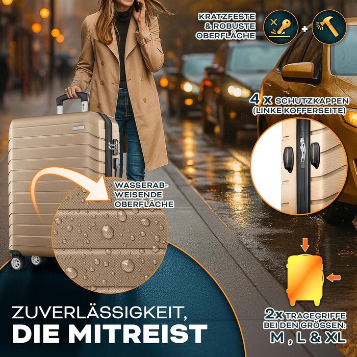 Набір валіз Tillvex® 4 шт. (S-M-L-XL) + ваги для багажу, 8 ременів та 4 бірки | Валізи на 4 колесах з TSA замком | Набір валіз з міцного пластику, колір шампань