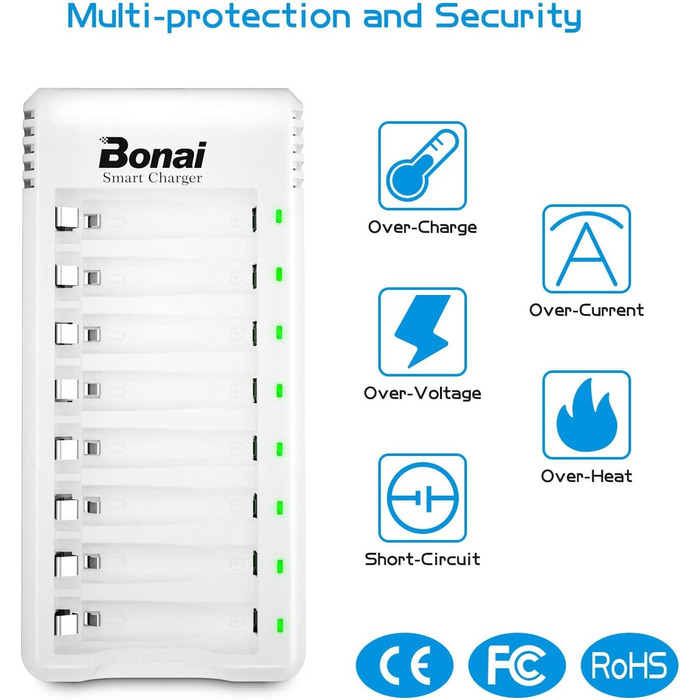 Зарядний пристрій BONAI для акумуляторів AA/AAA NI-MH з LED-дисплеєм та USB-зарядкою, 8 слотів