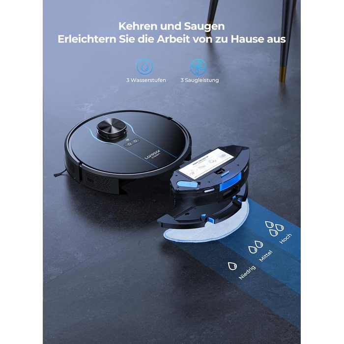 Робот-пилосос Laresar Clean з функцією миття підлоги, станція самоочищення L6 Nex, навігація LiDAR, 3л контейнер, до 180 хв роботи, 3-в-1 (прибирання, миття, пилосос), для видалення шерсті тварин, чорний