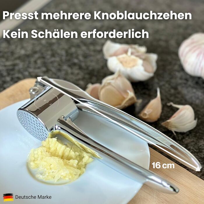 Прес для часнику з нержавіючої сталі - міцний та ергономічний, для зручного подрібнення часнику. Виготовлений з масивного цинкового лиття, підходить для миття в посудомийній машині.