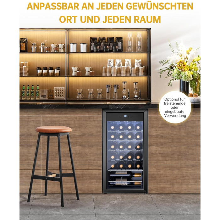 WIE 33 Liter Wine Fridge - 1 Zone Mini Wine Cooler with Glass Door & LED Touch Panel - Anti-UV Wine Storage for 28 Bottles