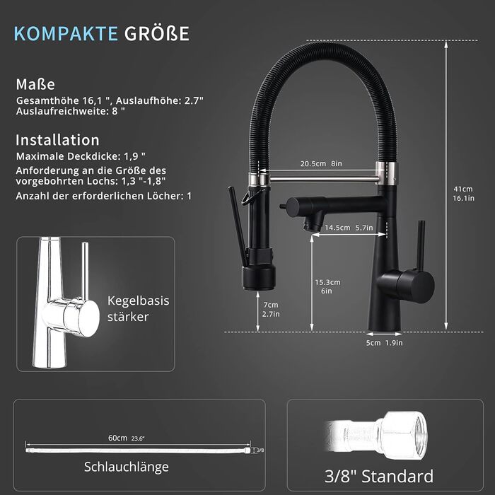 Чорний кухонний змішувач з висувною лійкою, поворотний на 360°, з витяжною насадкою для душу, для високого тиску, чорний, Küchenarmatur Negro