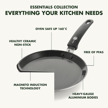 Млинцева пательня GreenPan Essentials 24 см, керамічна антипригарна, без PFAS, для індукції, духовки до 160°C, чорна, можна мити в посудомийній машині