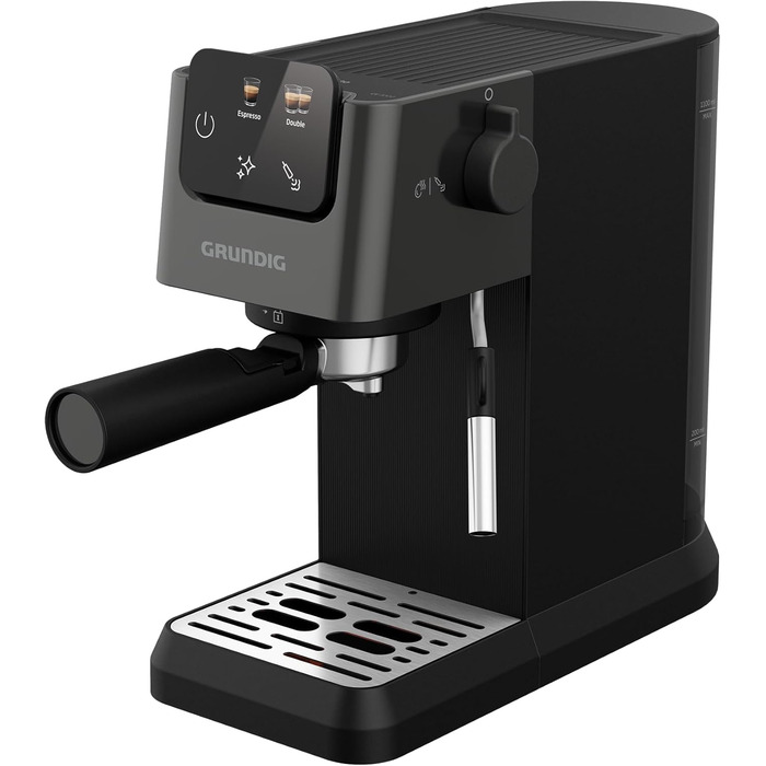 Кавоварка еспресо GRUNDIG KSM 4330 з паровою насадкою для молока, для меленої кави, знімний резервуар для води, сенсорний дисплей, 1626 Вт, функція пам'яті, чорна