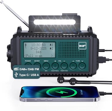 Радіоприймач Kurbelradio з DAB+/DAB/UKW, акумулятор 5000mAh, ліхтарик та світло для читання, FM, USB зарядка для телефону, динамо, SOS-сигнал, для кемпінгу та подорожей, Bluetooth, блакитний