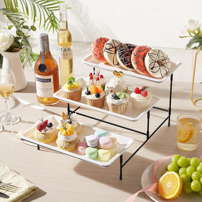 Lifewit 3-Tier Etagere with 30 x 17 cm Plastic Serving Plates, 3-Level Serving Tray Serving Platter with Folding Black Metal Shelf, Buffet Party Accessories for Vegetables/Fruit/Cookies/Cake
