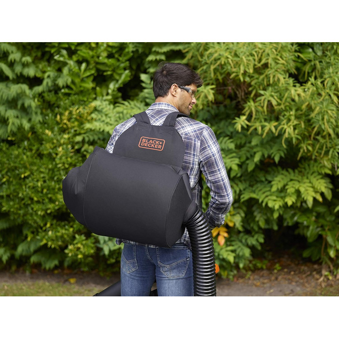 Електричний садовий пилосос-воздуходувка Black+Decker 3-в-1 BEBLV290, 2900 Вт, з подрібнювачем, 315 км/год, 55 л мішок-рюкзак, для терас, доріжок, під'їздів