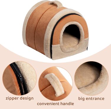 Hollypet Cat Bed, Small Dog Bed, 2-in-1 Foldable Plush Pet Bed for Cats & Small Dogs, Cozy and Soft Pet Cave Bed for Indoor Outdoor, (Orange Brown)