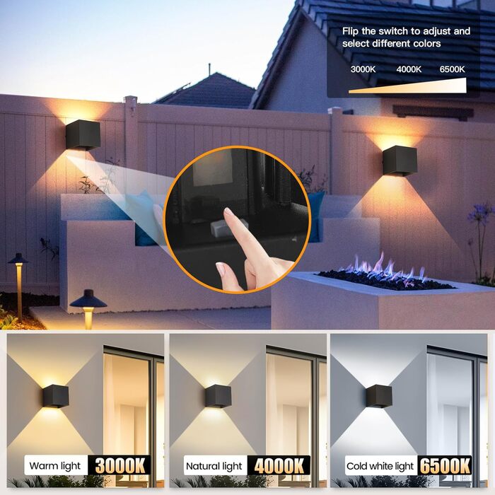 LED вуличне/внутрішнє настінне освітлення FUPE 15W, регульоване, 3 кольори, IP65, алюміній, чорний