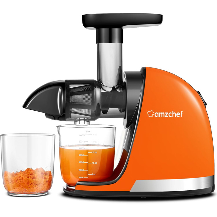 AMZCHEF Juicer for Vegetables and Fruits - Test Winner - Slow Juicer with Reverse-Masticating Function - Gentle Crushing Without Filtering - Electric Juice Press with Brush and 2 Cups - Orange