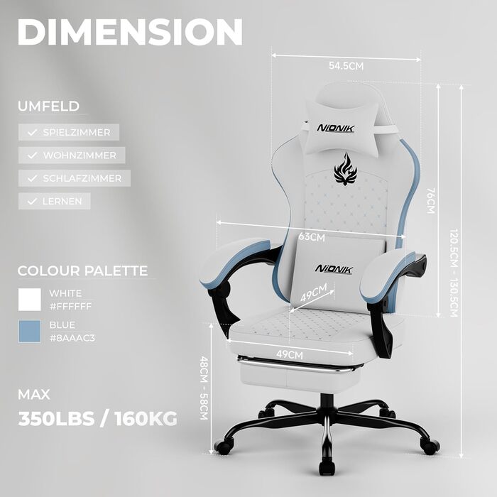 Геймерське крісло Ergonormic з підставкою для ніг та підтримкою попереку, регульоване, для дому, офісу, кіберспорту - біло-блакитне
