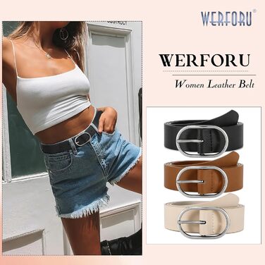 Жіночі ремені WERFORU 3 шт. з золотою пряжкою: шкіряні ремені для джинсів, штанів, суконь. Підходять для талії 86-100 см (B-коричневий+бежевий+чорний, пряжка срібна)