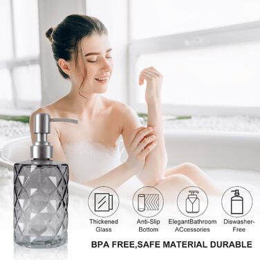 Дозатор мила скляний для ванної кімнати, наповнюваний помповий дозатор для кухні з нержавіючим тримачем, 2 підставки, 330 мл, вінтажний дозатор мила з матовим насосом (сірий)