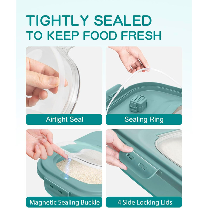 Контейнер для зберігання рису, складний, на колесах, з герметичним кришкою, мірний стакан та лопатка, для продуктів, рису, кормів для тварин, борошна, темно-зелений, 9-13,6 кг