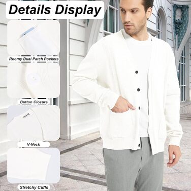 Чоловічий кардиган з в'язаного полотна, чоловічий пуловер з V-подібним вирізом, з довгими рукавами, з ґудзиками та кишенями (білий, L)