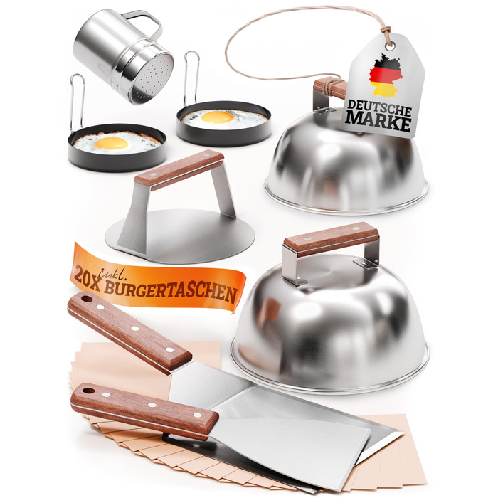 Набір для приготування Smash Burger XXL [9 предметів] з нержавіючої сталі з дерев'яними ручками для Plancha, гриль-плити, газового гриля та вогняної чаші | 1x прес для бургера, 2x формочки для бургера, 1x шпатель для гриля, 1x лопатка для гриля та інше | 