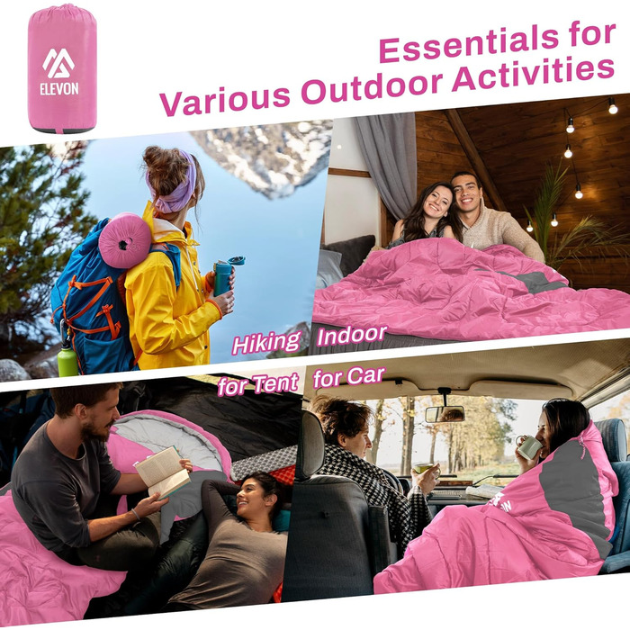 Спальний мішок Elevon для дорослих, підлітків та дітей, для холодної та теплої погоди, водонепроникний, легкий, компактний з компресійним мішком, для 3-4 сезонів, кемпінг, рюкзак, подорожі, зелений (1 особа, 1 шт., Рожевий)
