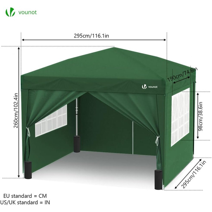VOUNOT® Gazebo 3x3m with 4 Side Walls & 4 Sandbags, Pop Up Folding Gazebo, Foldable Garden Tent Party Tent, including Bag, Grey (Green + 4 Side Walls)